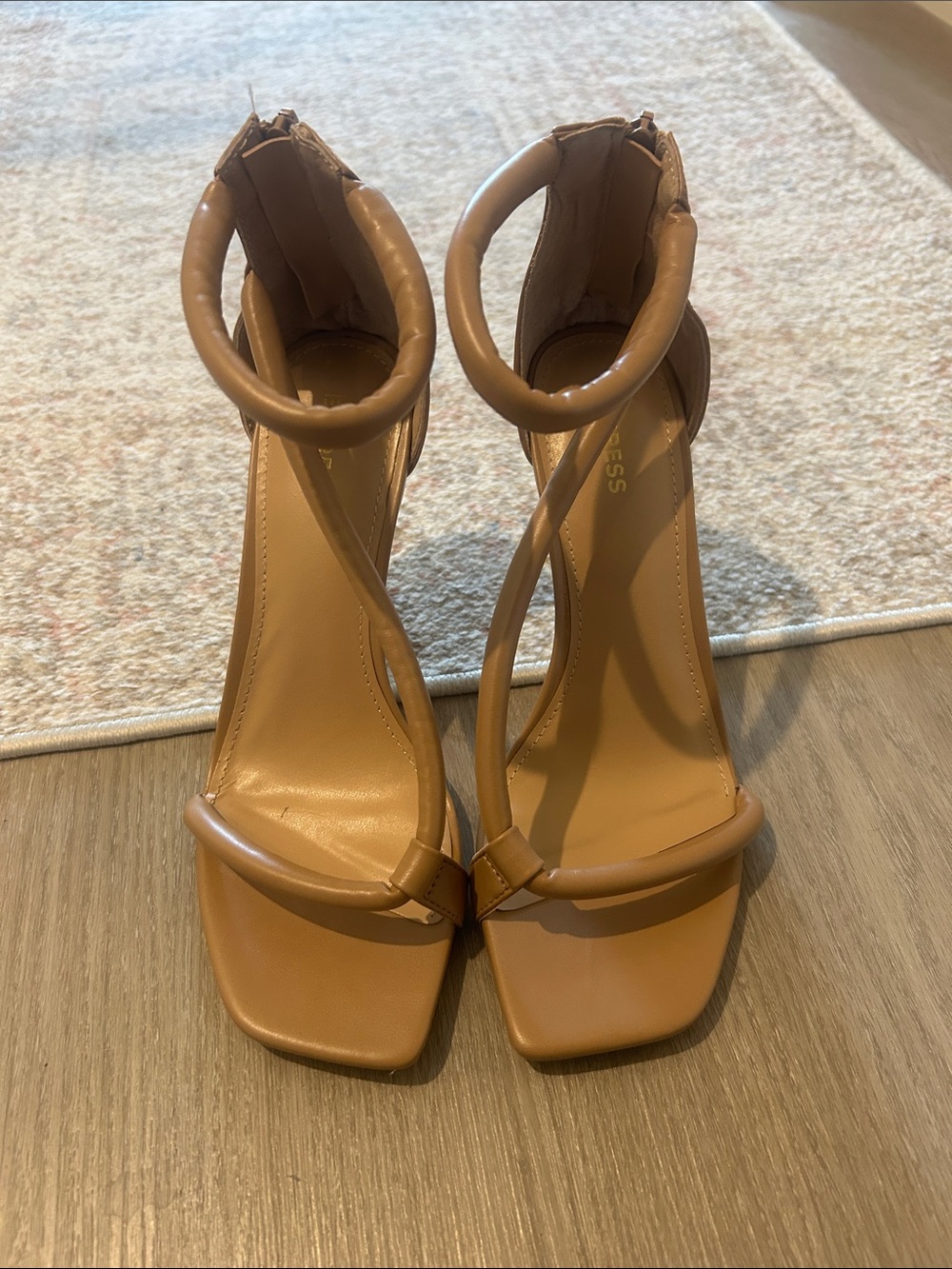 Express Tan Strappy Square-Toe Ankle Wrap Heels